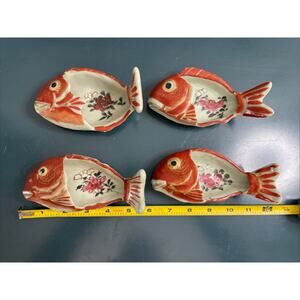 Set Of 4 Antique Japanese Porcelain Chop Stick Gold Fish Dishes Meiji